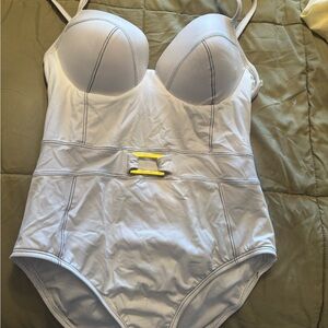 NWT BLEU Rod Beattie A Fine Line Belted One-Piece Swimsuit with gold accent